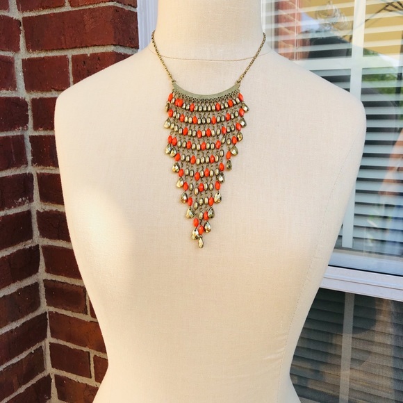 Statement Gold tone & Orange Bib Necklace - Picture 3 of 7